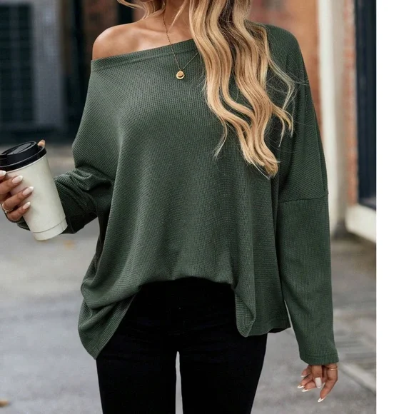 Solid Off Shoulder Loose Fit Waffle Long Sleeve Top - Picture 7 of 16